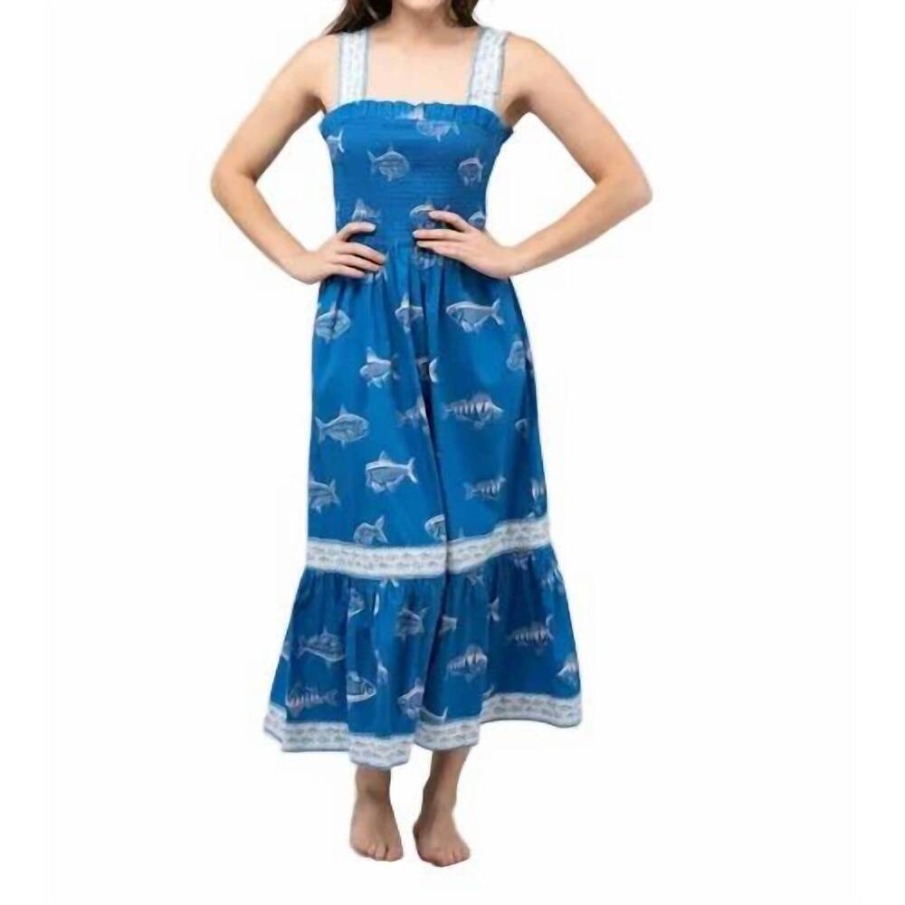 NEW BEAU & RO the page midi dress in blue fish